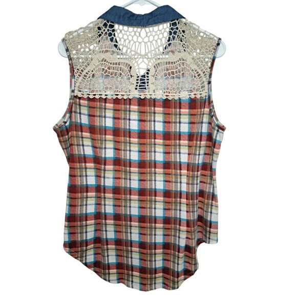 Stem & Vine Womens L Plaid Crochet Yoke Boho-Chic Sleeveless Button Up Top - Picture 5 of 7